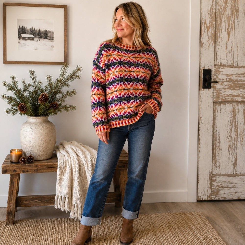 Jones New York Sport Sweater L Multi Color Mohair‎ Blend Fair Isle Knit Pullover